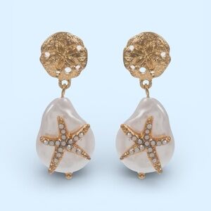 Vintage Gold Starfish Pearl Drop Earrings • Hypoallergenic Posts • Coastal Chic